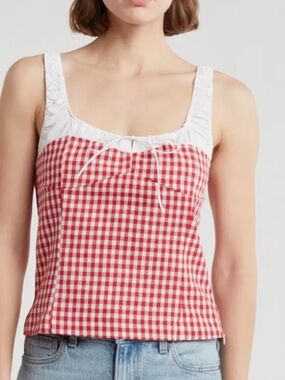Elodie Red & White Gingham Lace-Trim Tank